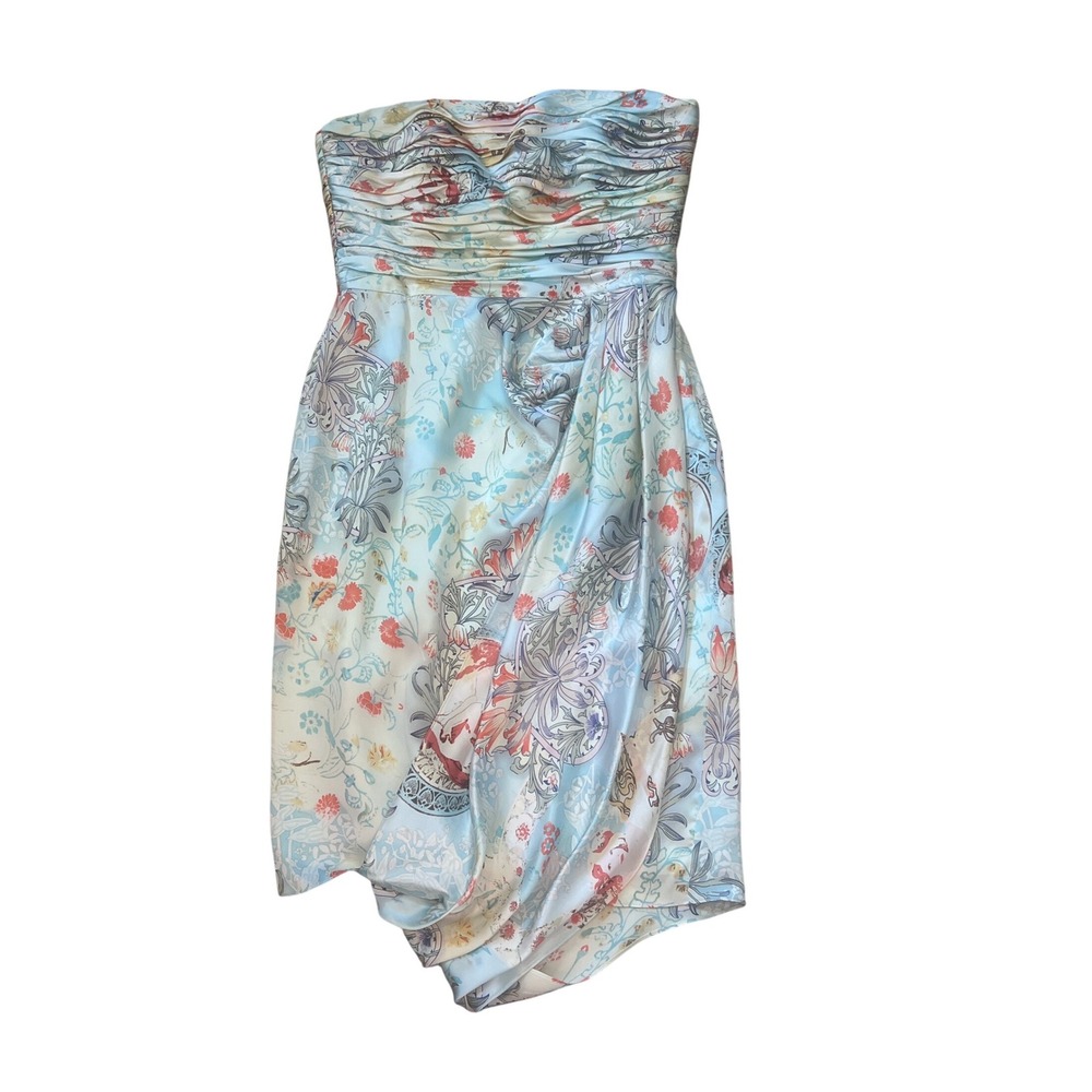 David Meister Strapless Ruched Floral Print Asymmetrical Hem Dress Size 8